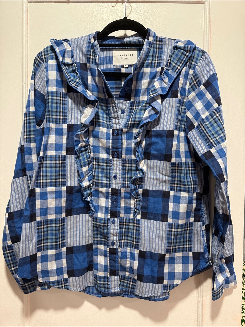 The Shirt by Rochelle Behrens Blue Plaid Ruffle Button-Up Top